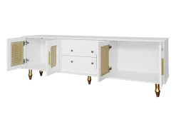 Móvel para TV com 4 portas em rattan e 2 gavetas - Pés em metal dourado - Branco