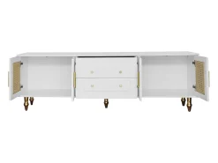 Móvel para TV com 4 portas em rattan e 2 gavetas - Pés em metal dourado - Branco
