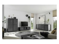 Móvel para TV com 2 portas, coleção COLOMARMO, cor preta com efeito mármore, ideal para a sua sala de estar moderna e na moda.