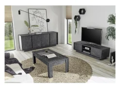 Móvel para TV com 2 portas, coleção COLOMARMO, cor preta com efeito mármore, ideal para a sua sala de estar moderna e na moda.