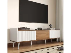 Móvel para TV com 3 portas, acabamento às riscas, branco e natural.