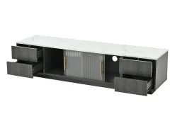 Móvel para TV com 2 portas de vidro e 4 gavetas - Tampo com efeito de mármore branco - Cinza