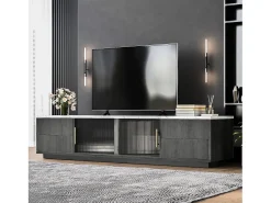 Móvel para TV com 2 portas de vidro e 4 gavetas - Tampo com efeito de mármore branco - Cinza