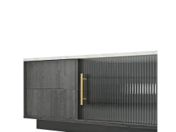 Móvel para TV com 2 portas de vidro e 4 gavetas - Tampo com efeito de mármore branco - Cinza