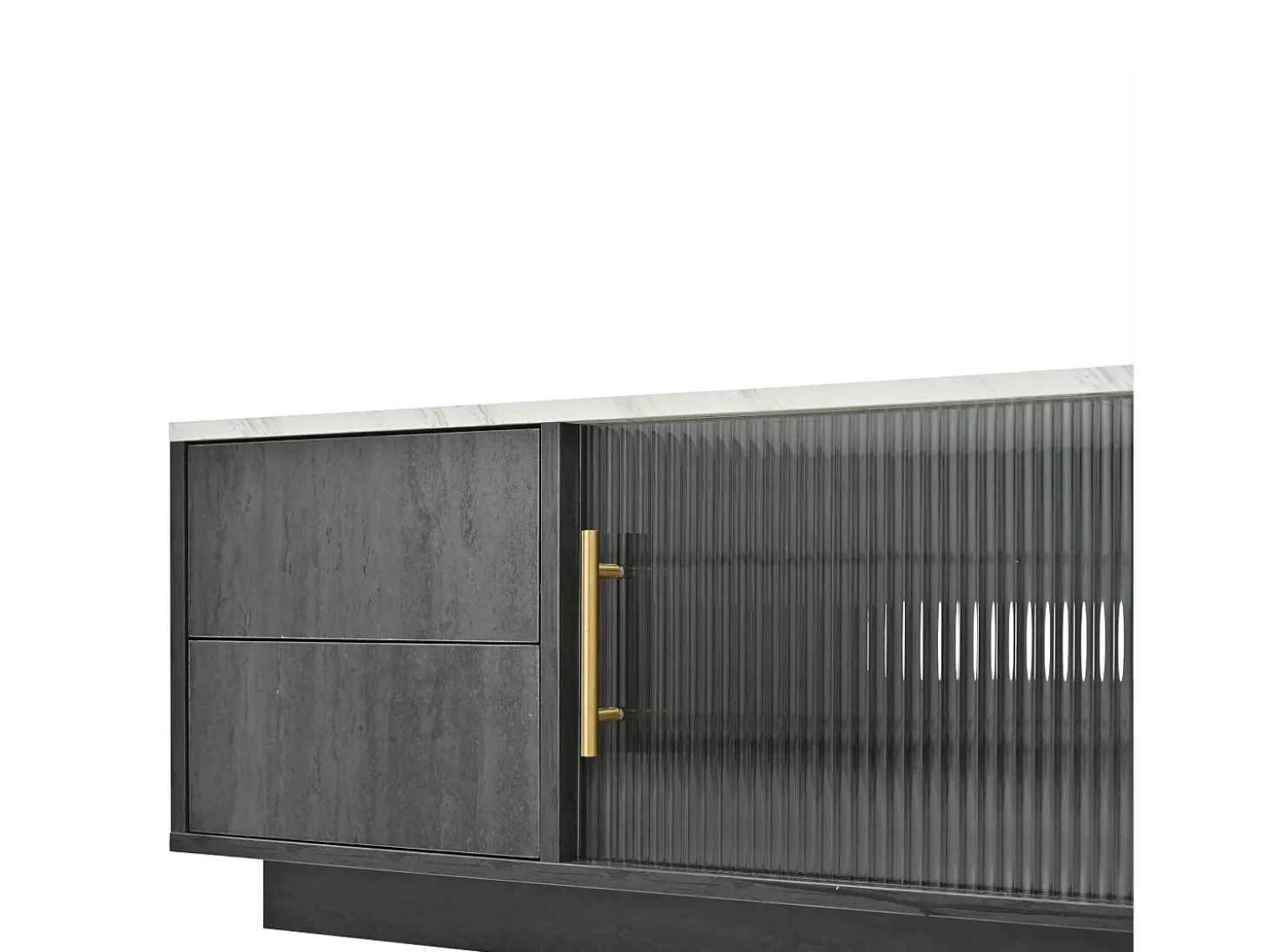 Móvel para TV com 2 portas de vidro e 4 gavetas - Tampo com efeito de mármore branco - Cinza
