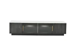 Móvel para TV com 2 portas de vidro e 4 gavetas - Tampo com efeito de mármore branco - Cinza