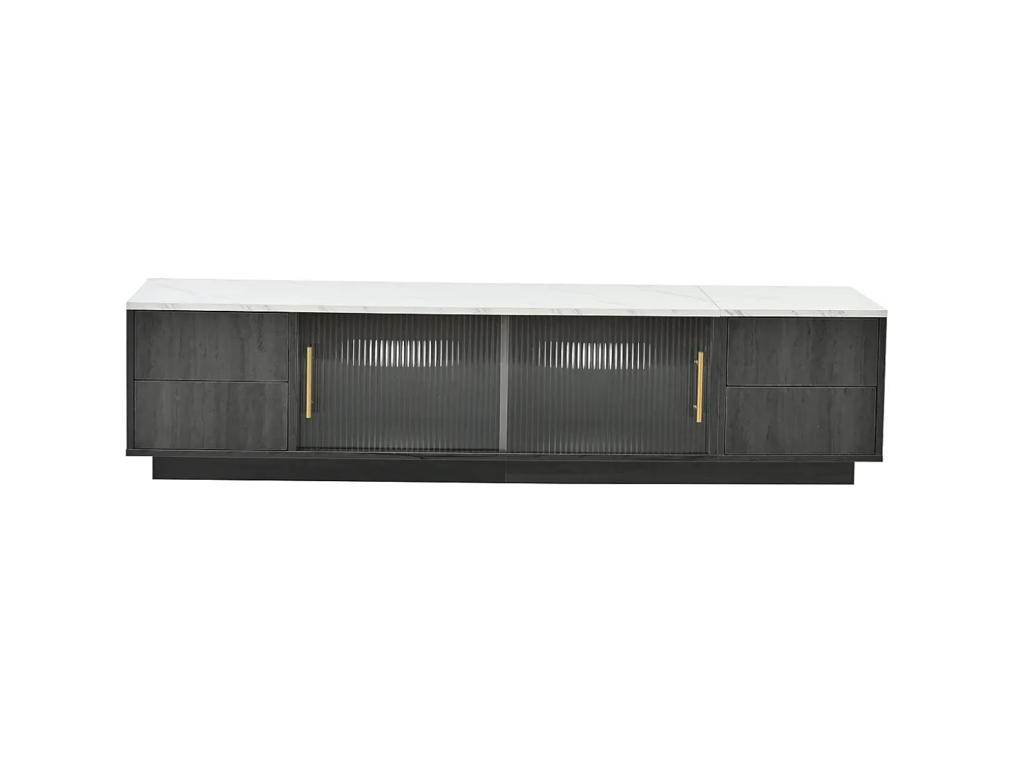 Móvel para TV com 2 portas de vidro e 4 gavetas - Tampo com efeito de mármore branco - Cinza