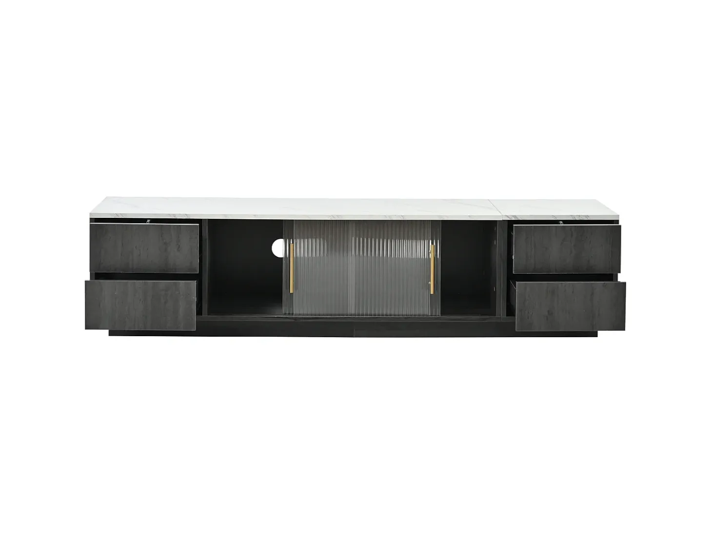 Móvel para TV com 2 portas de vidro e 4 gavetas - Tampo com efeito de mármore branco - Cinza