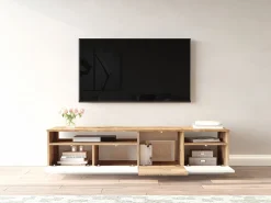 Móvel para TV com 4 portas e 2 prateleiras - Tons naturais claros e branco - CEDONA