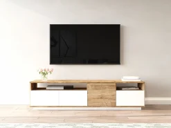 Móvel para TV com 4 portas e 2 prateleiras - Tons naturais claros e branco - CEDONA