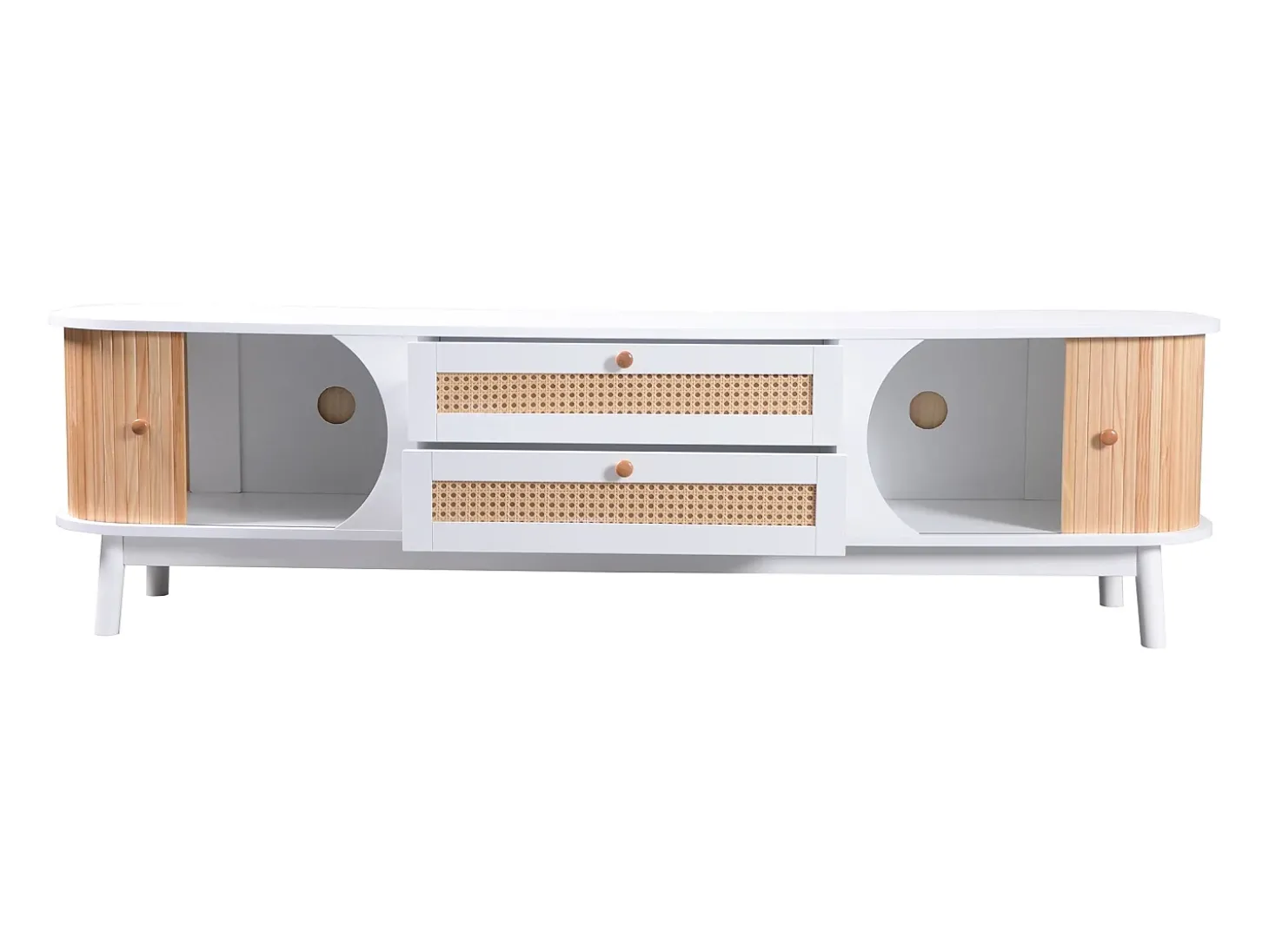 Móvel para TV com 2 portas de correr e 2 gavetas - Branco e madeira