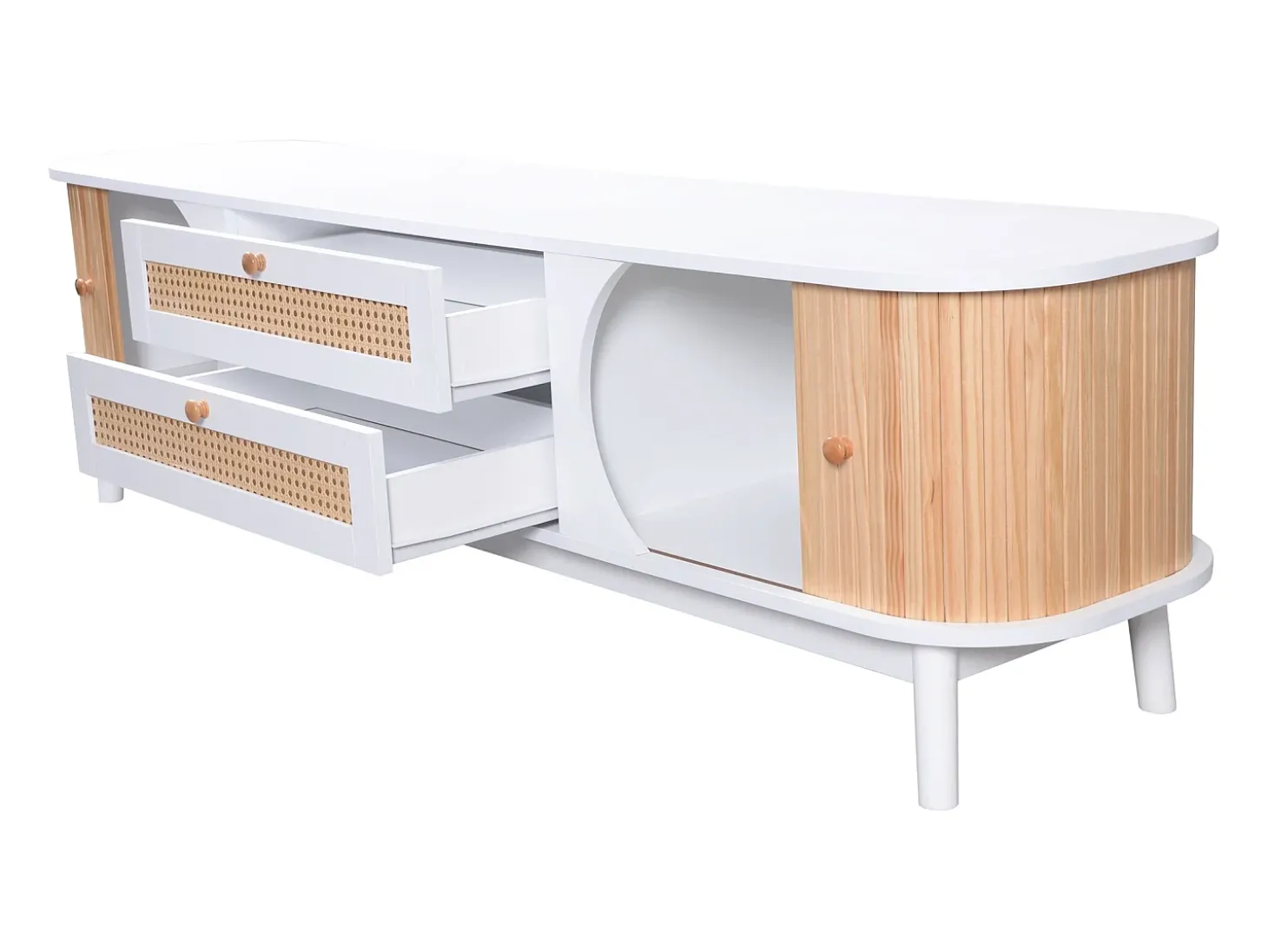 Móvel para TV com 2 portas de correr e 2 gavetas - Branco e madeira