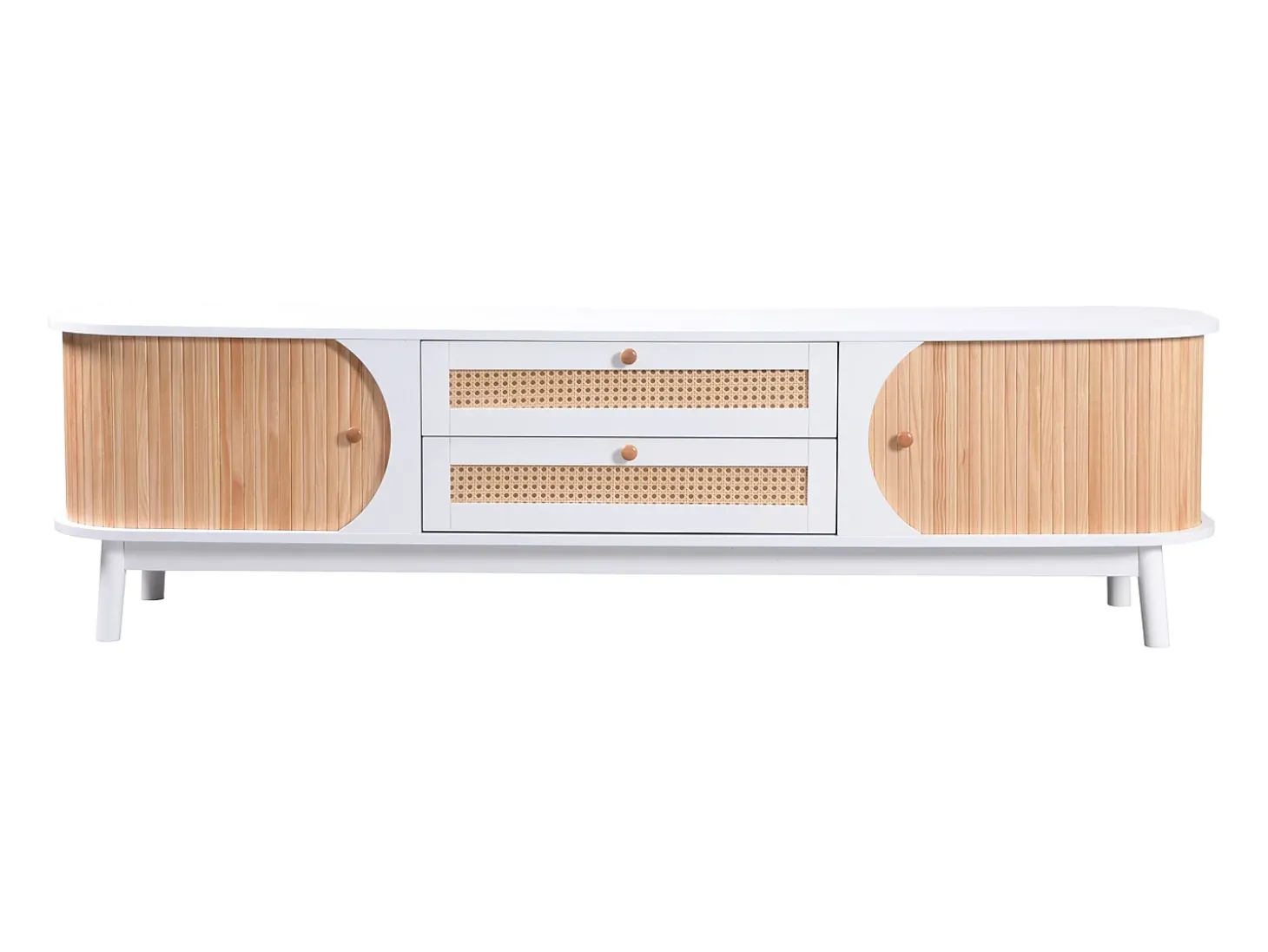 Móvel para TV com 2 portas de correr e 2 gavetas - Branco e madeira