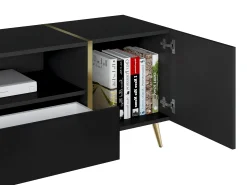 Móvel para TV com 2 portas, 1 gaveta e 1 prateleira - Preto brilhante e dourado - MARZIALO
