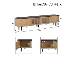 Móvel para TV com 4 portas, 190 x 35 x 45 cm - Tampo preto - Cor madeira clara