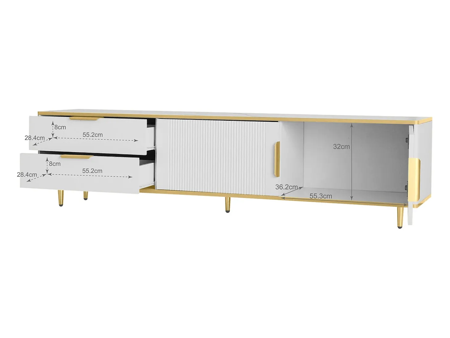 Móvel para TV com 2 portas e 2 gavetas - puxadores e pés dourados - Branco