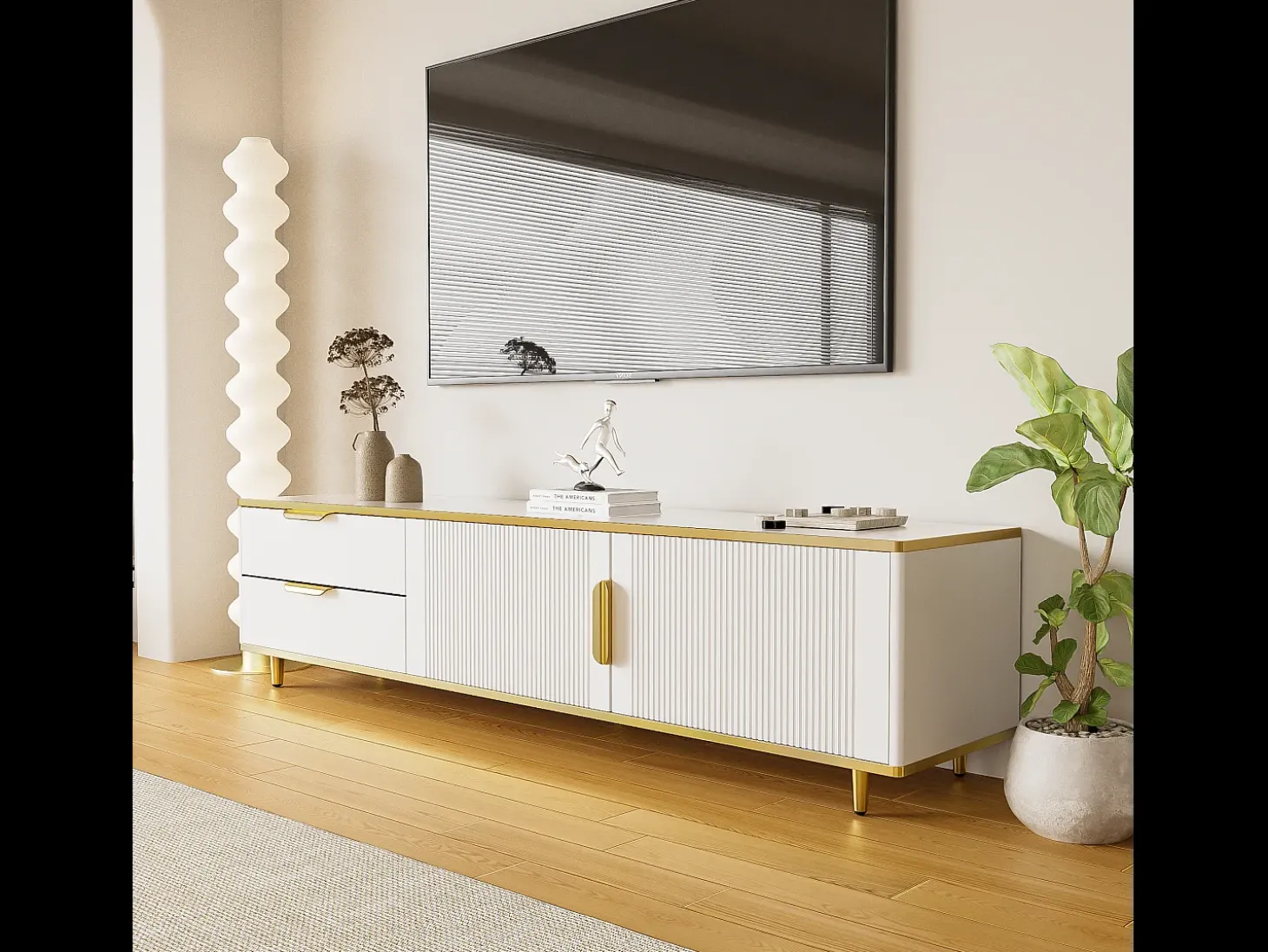 Móvel para TV com 2 portas e 2 gavetas - puxadores e pés dourados - Branco