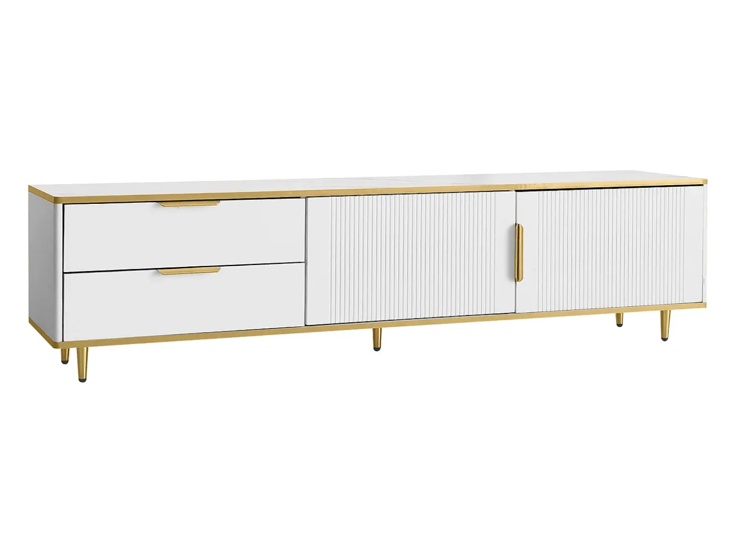 Móvel para TV com 2 portas e 2 gavetas - puxadores e pés dourados - Branco