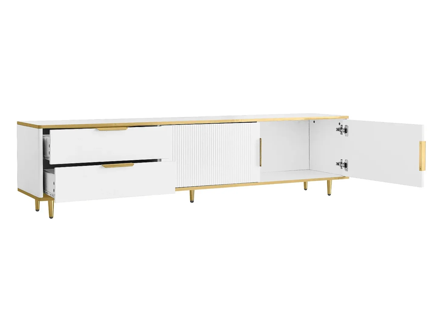 Móvel para TV com 2 portas e 2 gavetas - puxadores e pés dourados - Branco