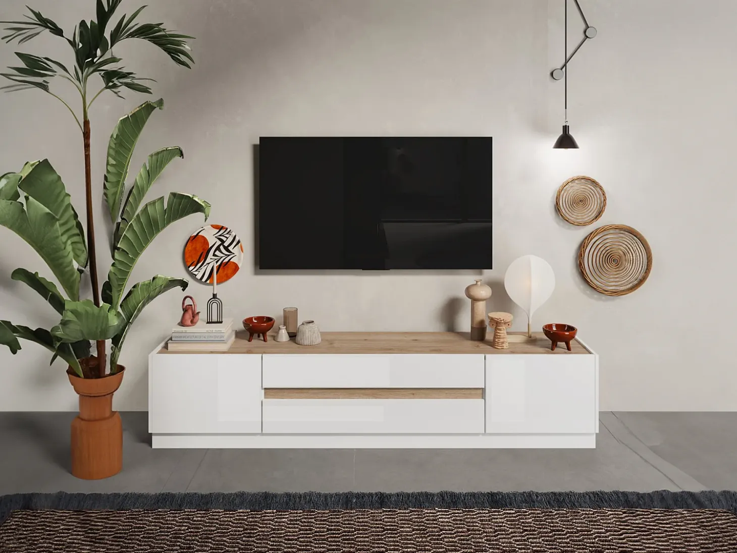 Móvel para TV com 2 portas e 2 gavetas - Branco e Natural - EMORA
