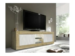 Móvel para TV com 2 portas sem iluminação ACCESS. Cores branco e carvalho claro.