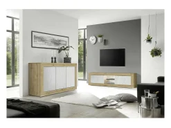 Móvel para TV com 2 portas sem iluminação ACCESS. Cores branco e carvalho claro.