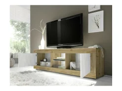 Móvel para TV com 2 portas sem iluminação ACCESS. Cores branco e carvalho claro.
