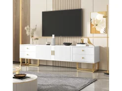 Móvel para TV com 2 portas e 4 gavetas - Pés em metal dourado - Branco