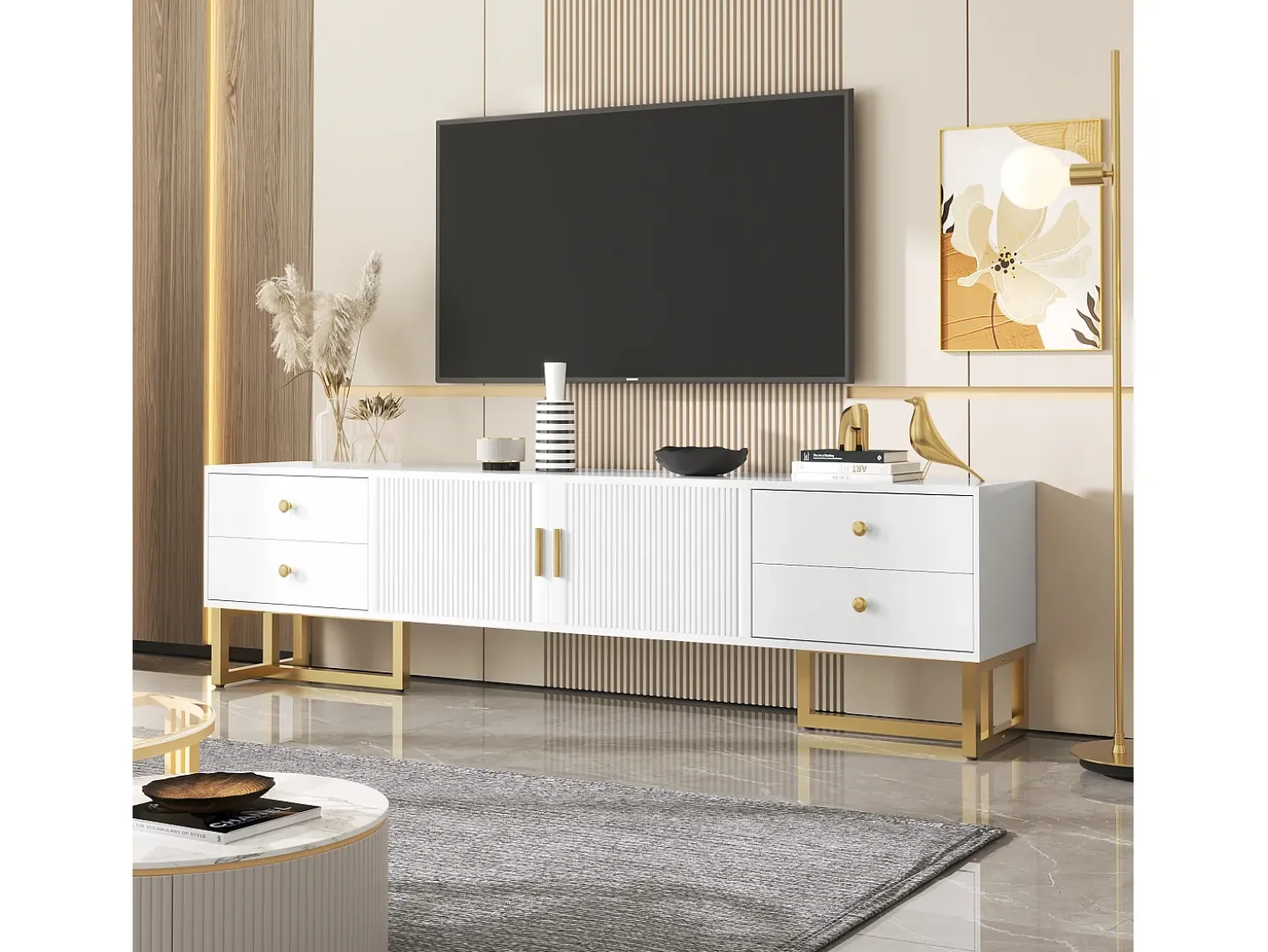 Móvel para TV com 2 portas e 4 gavetas - Pés em metal dourado - Branco