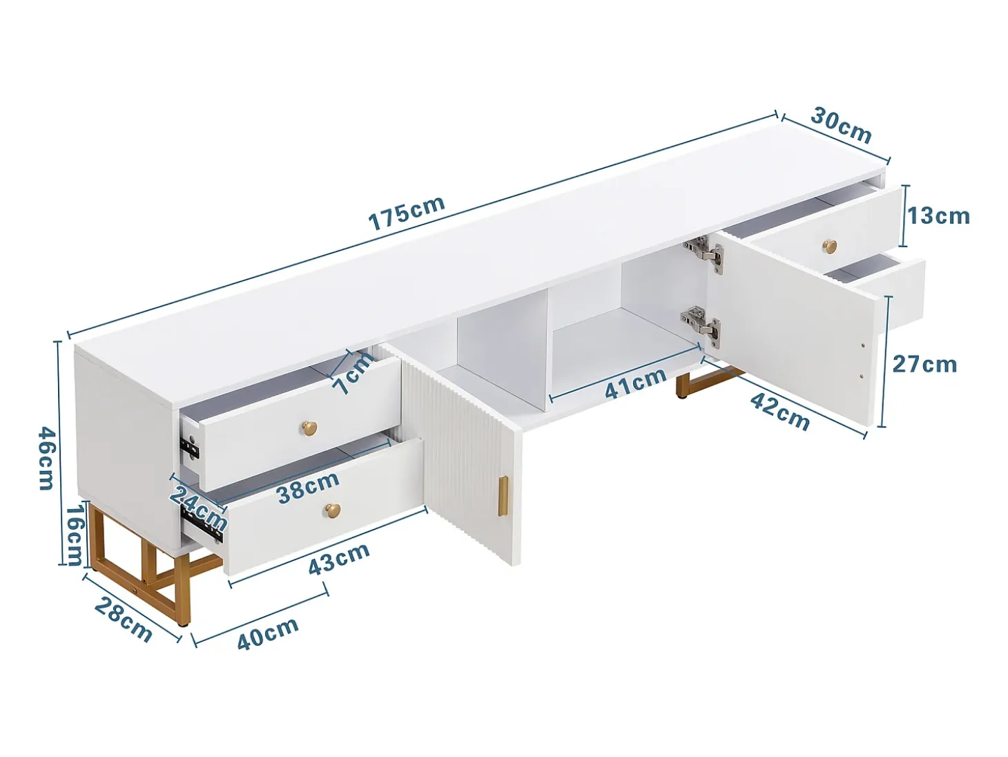 Móvel para TV com 2 portas e 4 gavetas - Pés em metal dourado - Branco