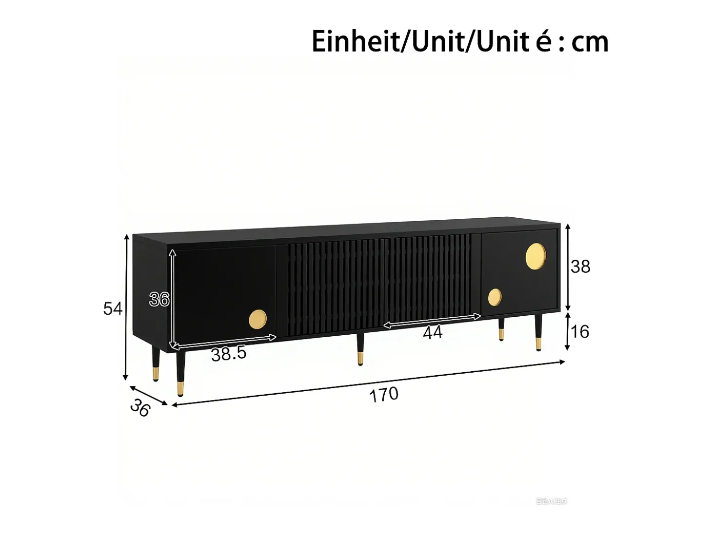Móvel para TV com 4 portas, porta com grade, preto.