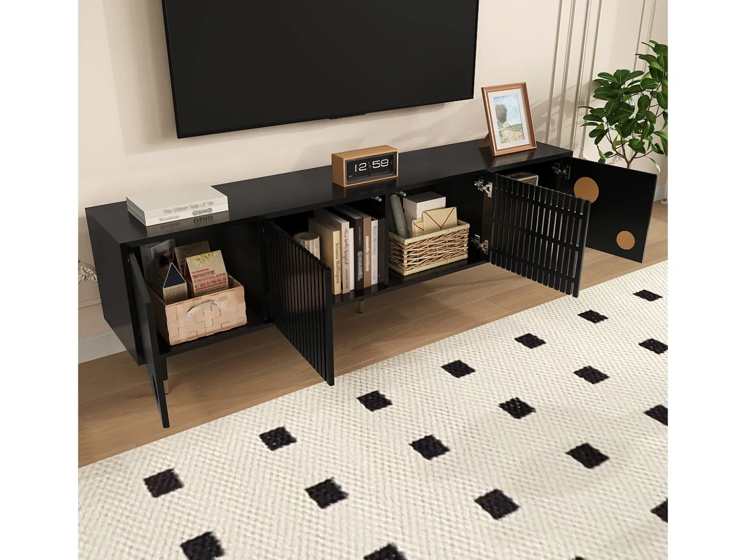 Móvel para TV com 4 portas, porta com grade, preto.