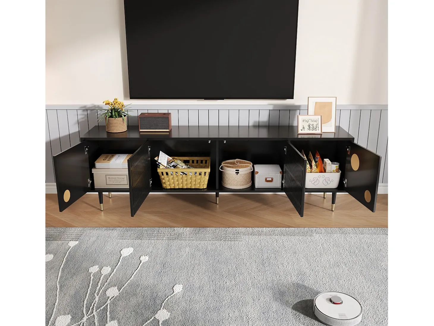Móvel para TV com 4 portas, porta com grade, preto.