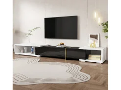 Móvel para TV com 3 portas, comprimento regulável, frente em preto brilhante e laterais em folheado com efeito mármore branco - 140/260x40x30cm