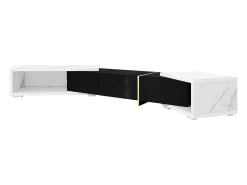 Móvel para TV com 3 portas, comprimento regulável, frente em preto brilhante e laterais em folheado com efeito mármore branco - 140/260x40x30cm