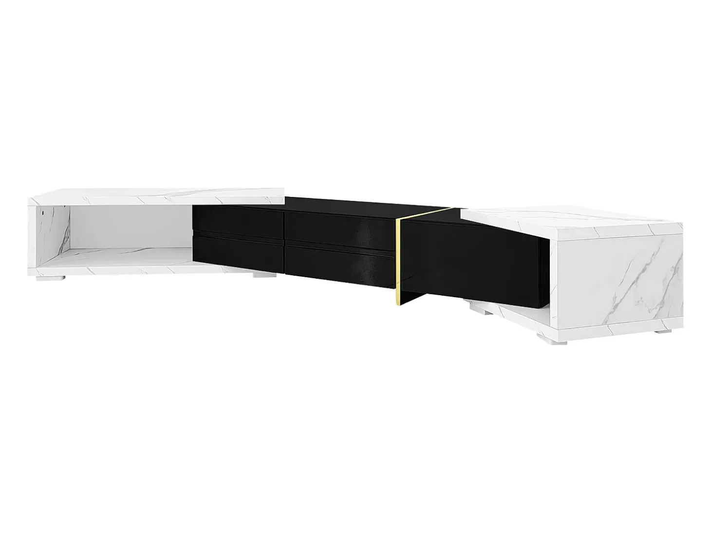 Móvel para TV com 3 portas, comprimento regulável, frente em preto brilhante e laterais em folheado com efeito mármore branco - 140/260x40x30cm