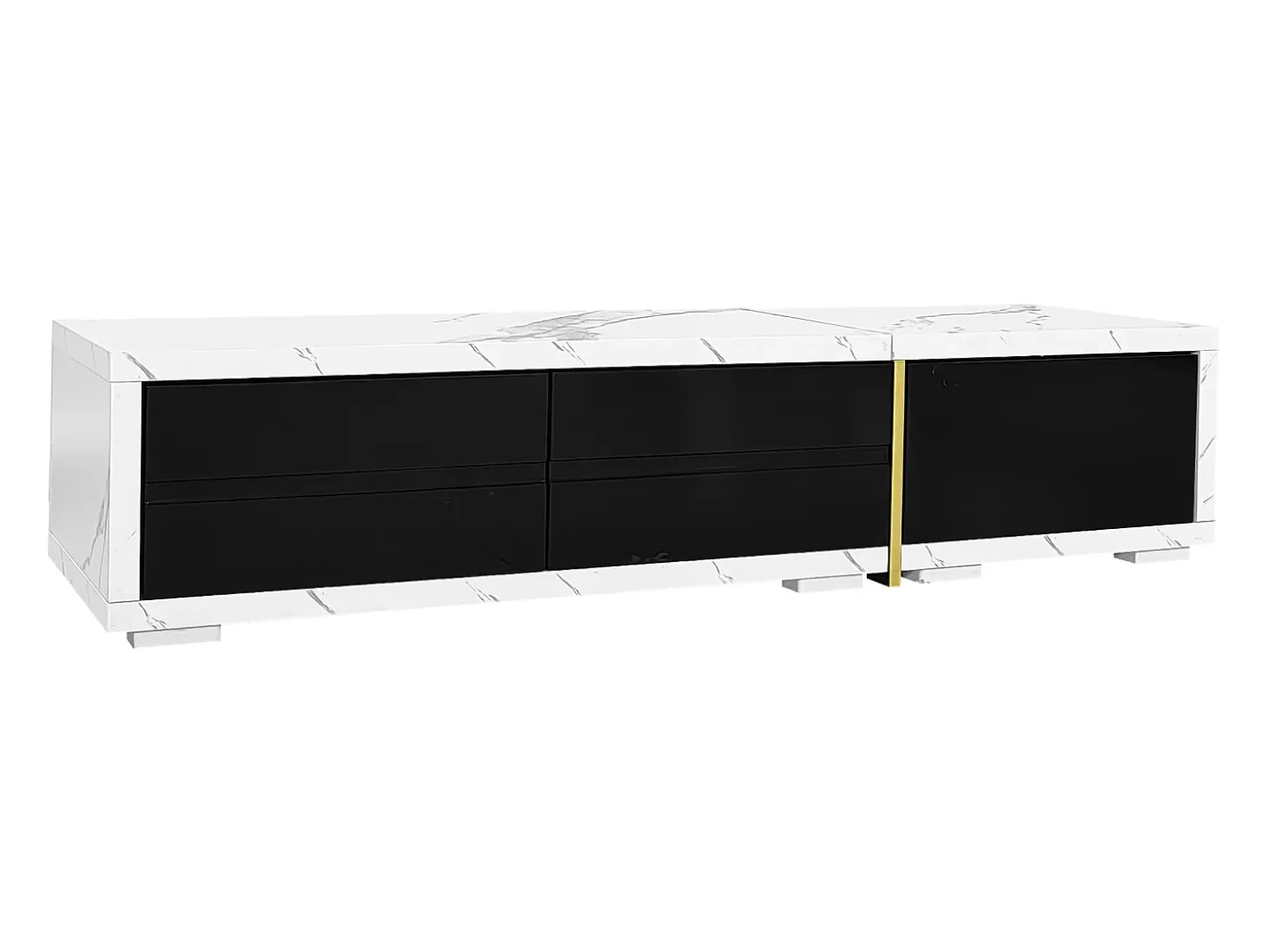 Móvel para TV com 3 portas, comprimento regulável, frente em preto brilhante e laterais em folheado com efeito mármore branco - 140/260x40x30cm