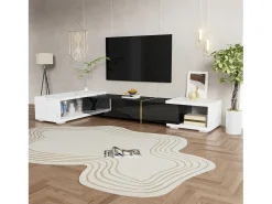 Móvel para TV com 3 portas, comprimento regulável, frente em preto brilhante e laterais em folheado com efeito mármore branco - 140/260x40x30cm