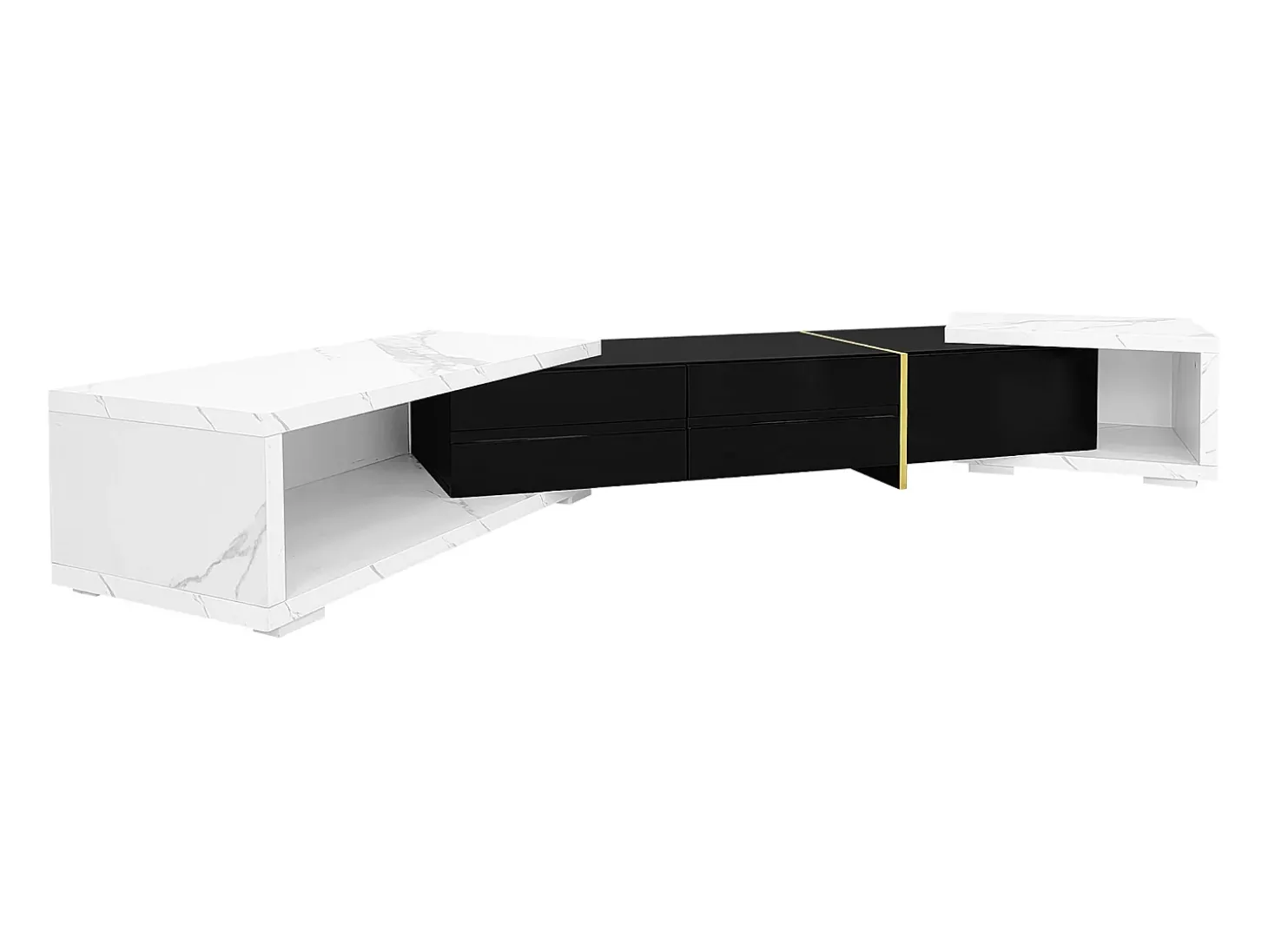 Móvel para TV com 3 portas, comprimento regulável, frente em preto brilhante e laterais em folheado com efeito mármore branco - 140/260x40x30cm