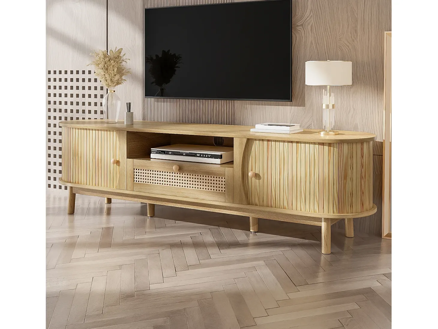 Móvel para TV com 2 portas e uma gaveta, 165x37x46 cm - Cor natural clara