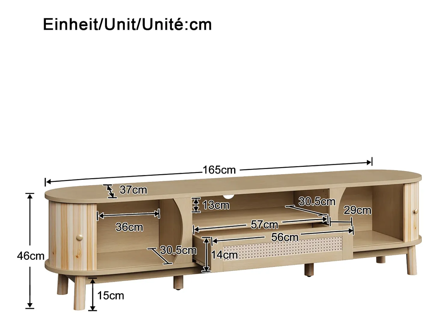 Móvel para TV com 2 portas e uma gaveta, 165x37x46 cm - Cor natural clara