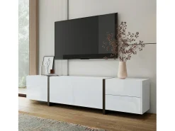 Móvel para TV com 4 portas e 1 gaveta, pés pretos, acabamento brilhante, branco