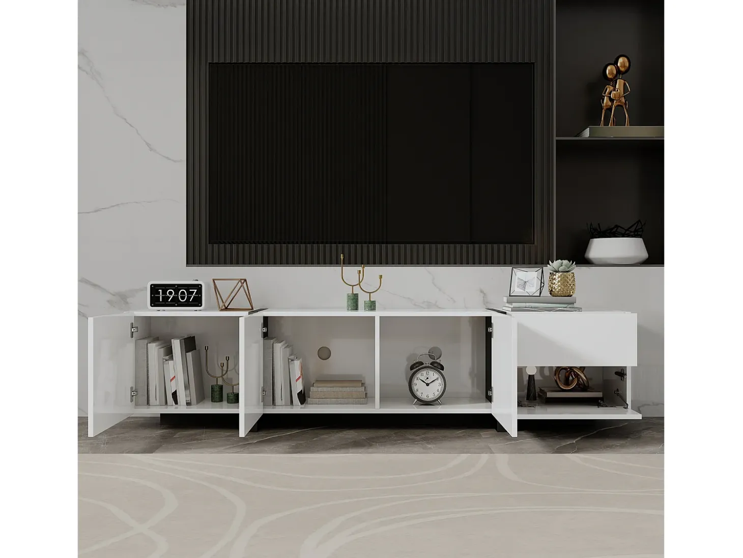 Móvel para TV com 4 portas e 1 gaveta, pés pretos, acabamento brilhante, branco