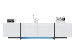 Móvel para TV com 4 portas e 1 gaveta, pés pretos, acabamento brilhante, branco