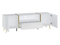 Móvel para TV com 2 portas, 1 gaveta e 1 prateleira - Branco brilhante e dourado - MARZIALO