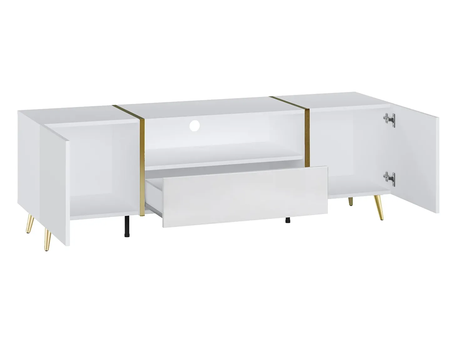 Móvel para TV com 2 portas, 1 gaveta e 1 prateleira - Branco brilhante e dourado - MARZIALO
