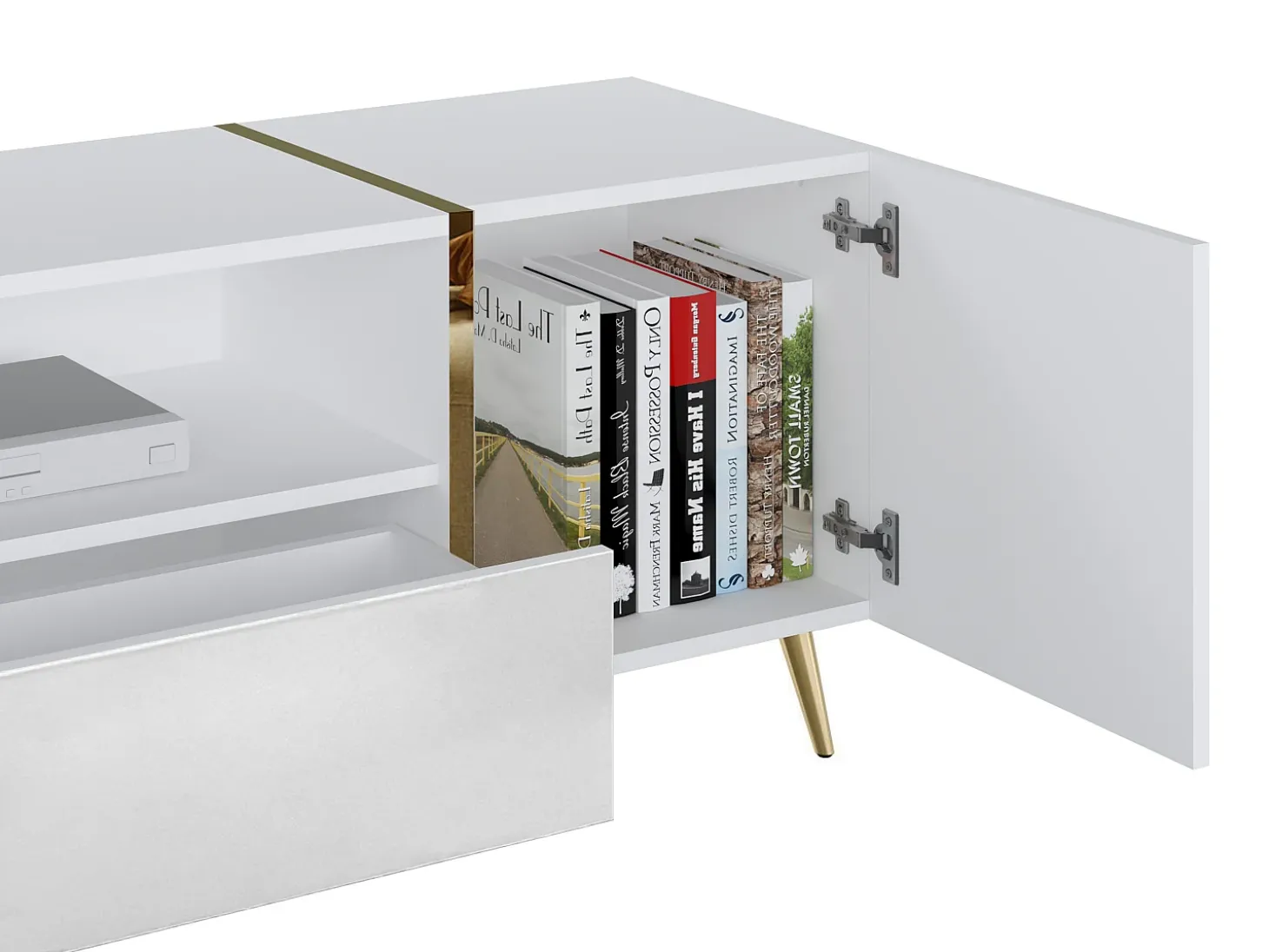 Móvel para TV com 2 portas, 1 gaveta e 1 prateleira - Branco brilhante e dourado - MARZIALO