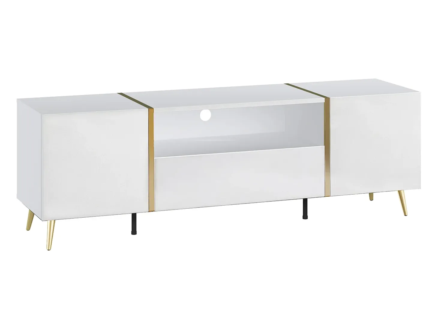 Móvel para TV com 2 portas, 1 gaveta e 1 prateleira - Branco brilhante e dourado - MARZIALO
