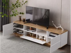 Móvel para TV com 6 portas e 2 nichos em MDF - Branco e natural - 180x38x46cm