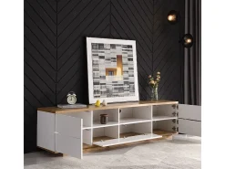 Móvel para TV com 6 portas e 2 nichos em MDF - Branco e natural - 180x38x46cm